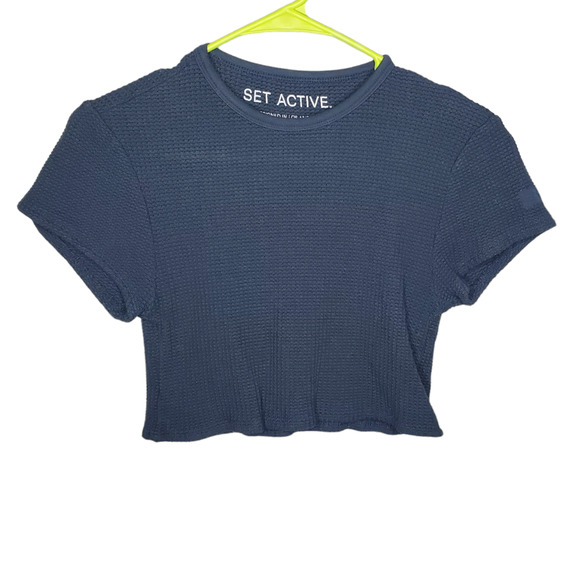 SET Active Navy Blue Waffle Short Sleeve Crop Top Small Short Sleeve Shirt - Picture 1 of 11
